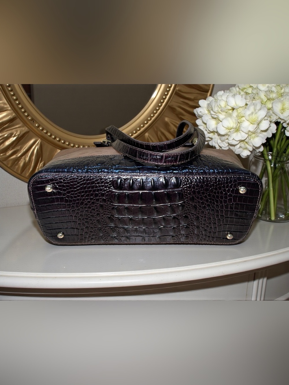 Pristine! Brahmin Leather Medium Asher Shoulder Bag, Gold Brown Croco & Lizard - Picture 6 of 13